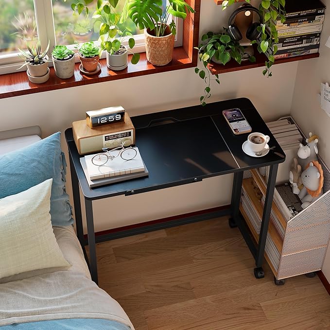 GreenForest Folding Desk with Adjustable Tiltable Desktop 0-90°, 31.5 inch Small Desk with Wheels, Rolling Drafting Table for Laptop, Reading, Writing, Drawing, Work, Black