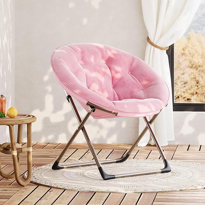 GarveeHome Comfy Oversized Saucer Chair – Soft Plush Fabric Reading Lounger for Adults, Stable X-Large Metal Frame Foldable Accent Lazy Chair for Bedroom, Living Room, Dorm, Office, Pink