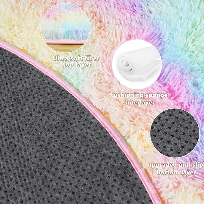 5'x5' Rainbow Round Rugs for Girls Bedroom, Ultra Soft Fluffy Circle Rug for Kids Room, Cute Shag Rugs for Living Room Playroom Tent Castle Home Decor Rug