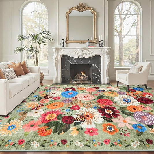 Green Area Rugs 9x12 Living Room Washable Rug Non Slip Floral Low Pile Large Rug for Living Room, Bedroom, Farmhouse, Dining Room, Kids Playroom(9 x 12, Green Garden)