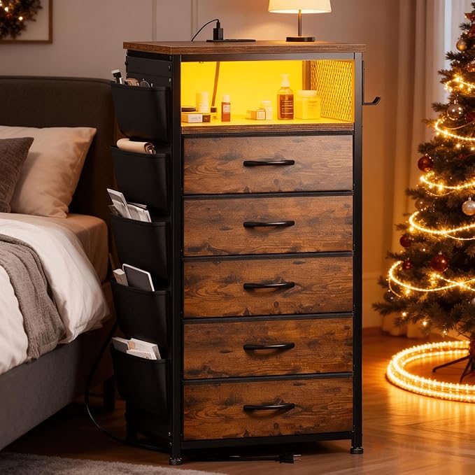 EnHomee Tall Night Stand with 5 Drawers, LED Nightstand with Ports & Outlets, Bedside Table with Extra Side Bag & Storage Shelf & Hooks, Bedroom, Dorm, Closet