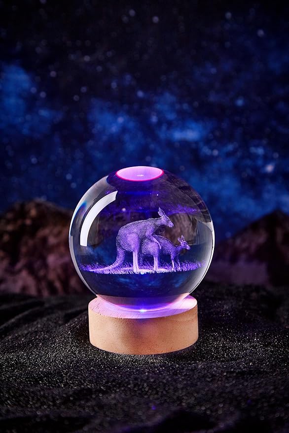 Kangaroo Crystal Ball Lamp with LED Wooden Base, 16 Colors Change & Remote Control Crystal Ball Night Light, Upgraded 3.15 Inch Glass Light, Gift for Kids Wife Girlfriend (Kangaroo)