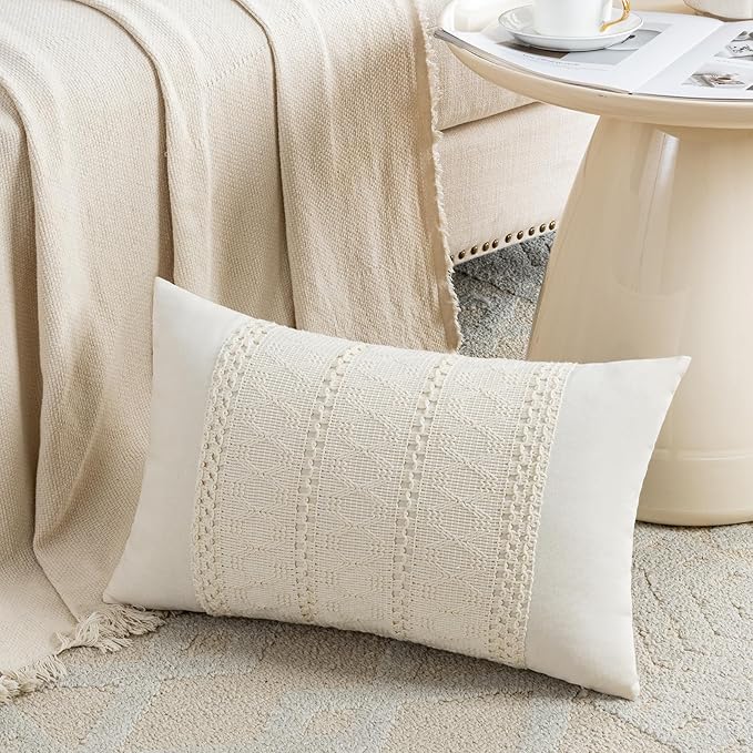 Fancy Homi Set of 2 Boho Cream Lumbar Decorative Throw Pillow Cover 12x20 Inch for Couch Bed Sofa Chair, Modern Organic Farmhouse Home Decor, Soft Cotton Cute Accent Rectangle Cushion Case