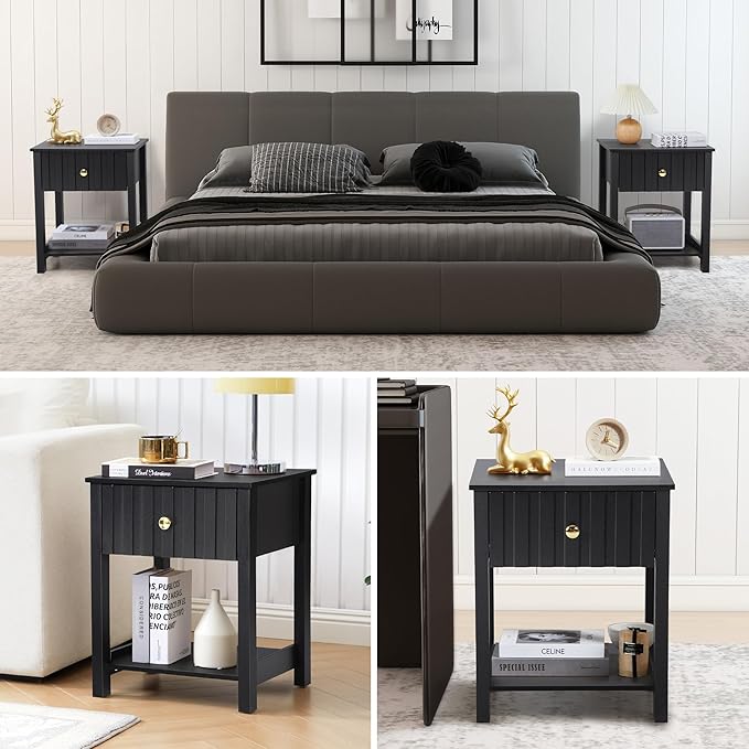 Wood Nightstand Set of 2, 21.65" H Bedside Table with Wide Fluted Finish, Modern Night Stands with Drawer, Mid Century End Table for Bedroom (Black-2 Packs)