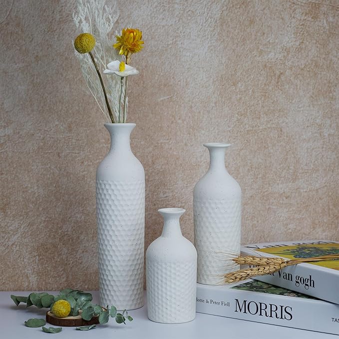 Small Ceramic Vases Set for Home Decor, Textured Matte Finish Honeycomb Texture, Modern Farmhouse Vases for Coffee Table, Bookshelf, Kitchen, Bathroom, Office Desk Decor (Beige)