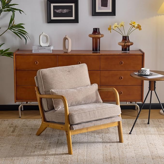 VINGLI Chenille Mid-Century Modern Accent Chair, Cute Reading Arm Chair with Cushion & Lumbar Pillow & Solid Wood Frame for Lounge, Living Room, Reading Room, Bedroom, Light Khaki
