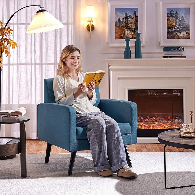 Yaheetech Mid-Century Accent Chairs, Modern Upholstered Living Room Chair, Cozy Armchair Button Tufted Back and Wood Legs for Bedroom/Office/Cafe, Set of 2, Navy Blue