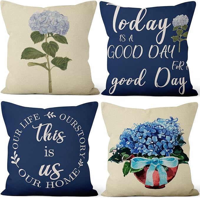 Blue Flowers Throw Pillow Covers 26"x26" Set of 4, Spring Outdoor Pillow Covers Home Decorative Floral Printed Cushion Covers for Couch Sofa Bedroom Farmhouse Livingroom Garden Patio Car