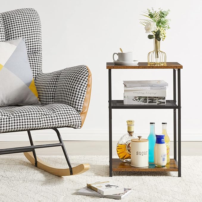 IBUYKE Side Table,3-Tier End Table, Industrial Nightstand Small Table with Storage Shelf, for Bedroom, Living Room, Hallway, with Metal Frame,Rustic Brown UTMJ403H