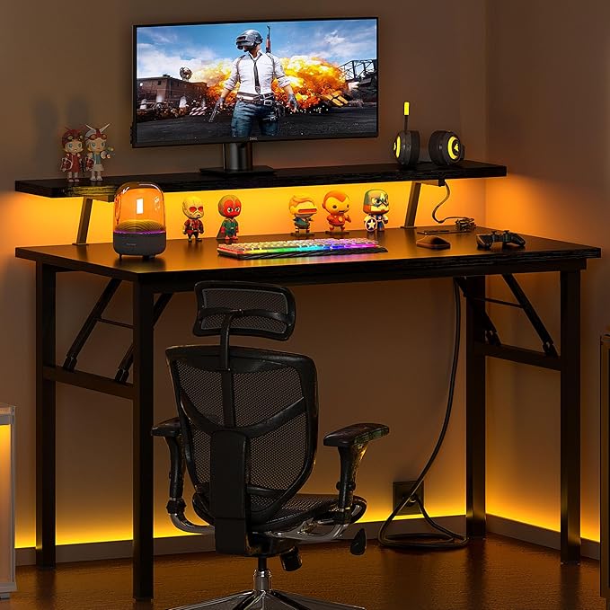 DlandHome Computer Desk 39’’ with LED Lights & Power Outlets,Folding Desk with Monitor Stand, Writing Desk Home Office Desk, Fully Assembled,Black