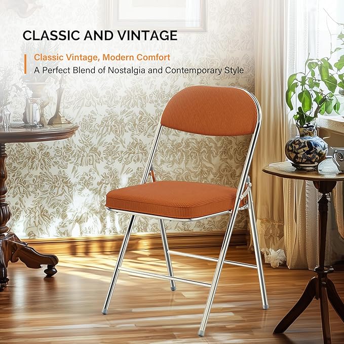 VINGLI 6 Pack Folding Chairs with Padded Seat & Backrest, Metal Frame, Durable Corduroy Fabric, 350 lbs Capacity, Set of 6, Orange – Ideal for Weddings, Parties, Office Events