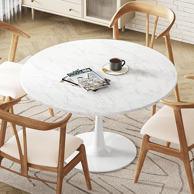 DKLGG White Marble Round Dining Table, 31.5" Tulip Kitchen Dining Table 2-4 People with MDF Top & Pedestal Base, Mid-Century End Table Leisure Coffee Office Living Room Table