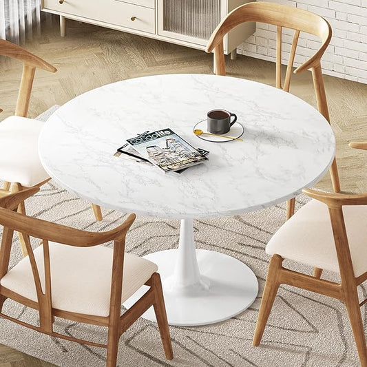 DKLGG White Marble Round Dining Table, 31.5" Tulip Kitchen Dining Table 2-4 People with MDF Top & Pedestal Base, Mid-Century End Table Leisure Coffee Office Living Room Table