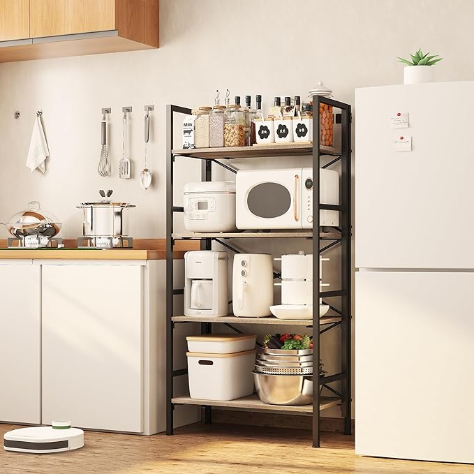 Folding Bookshelf,4 Tier Bookcase Foldable Shelf with X-Bracket Design, Adjustable Feet, Space Saving Storage for Living Room, Office, Brownish