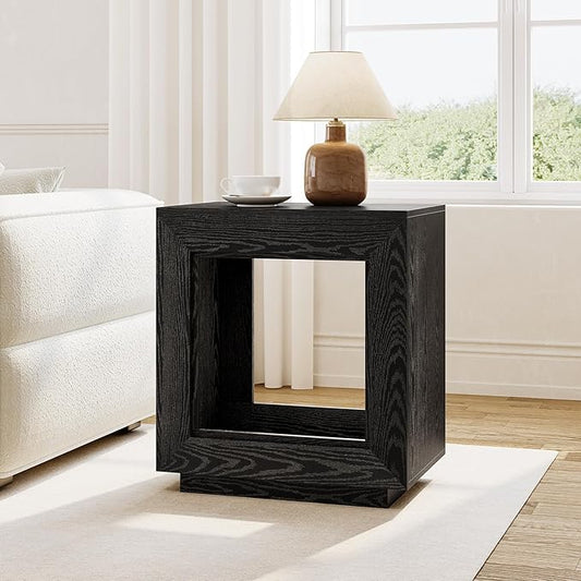 LITTLE TREE End Table with Storage, Wooden Square Side Table, Industrial Sofa Side Tables for Living Room, 2-Tier Bedside Table Nightstand for Bedroom, Chair Side Table for Small Spaces, Black