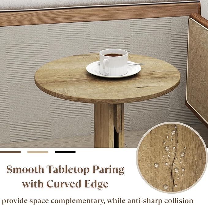 Wooden Round Side Table, Small Drink End Table, Cocktail Table, Modern Accent Night Stand with Wooden Base, Plants Stand for Living Room/Bedroom, Corners, Office, Small Space, Natural Retro