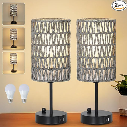Gray Bedside Lamps Set of 2, Touch Control Night Stand Lamp for Bedroom with Rattan & Linen Shade & Bulbs, 3 Way Dimmable Small Boho Table Lamps with USB Charging Port & Phone Stand
