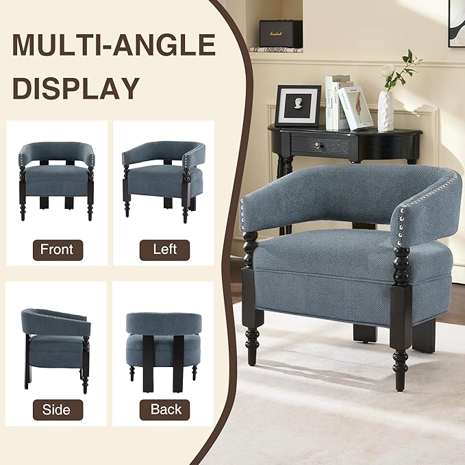 LOULENS Barrel Accent Chair for Living Room | Vintage Linen Upholstered Lounge Chair with Solid Wood Legs, Armchair for Bedroom, Reception Room & Reading Nook, Blue