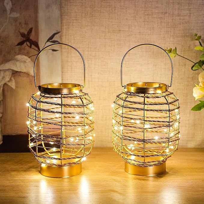 Set of 2 Battery Operated Table Lamp 7.7 "H Metal Cage LED Cordless Lamp with 6-Hour Timer, Vintage Decorative Fairy Lights Lantern for Indoor/Outdoor Bedrooms Weddings Parties Patio Events