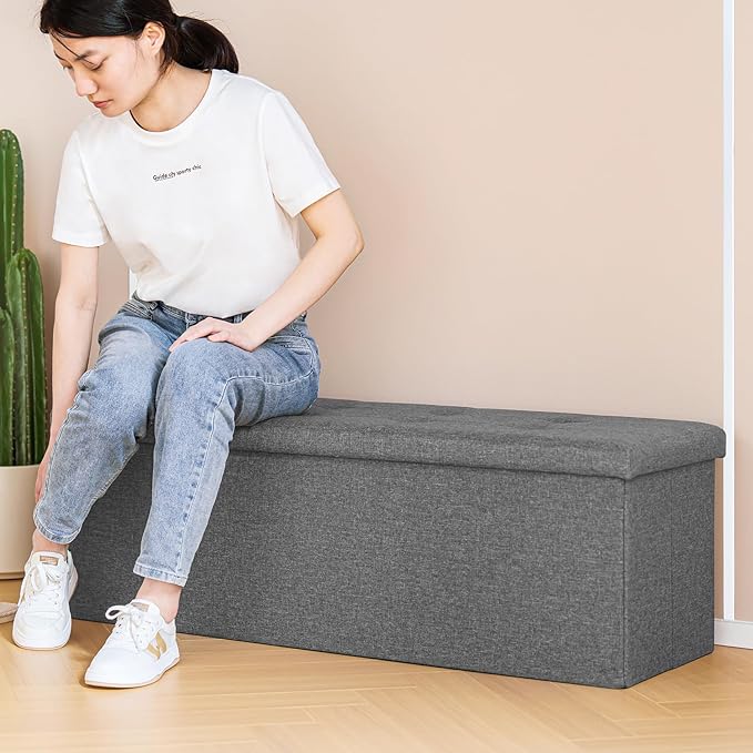 PINPLUS Folding Storage Ottoman Bench, Grey Linen Long Ottoman Chest Foot Rest Stool with Padded Seat, Chest with Tray, Bedroom Bench with Storage, 43.3inches