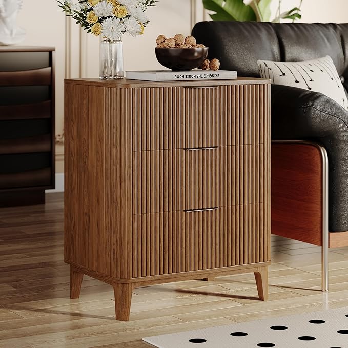 3 Drawer Fluted Dresser for Bedroom, Modern Closet Dressers Chest of Drawers, 23.6" Rustic Wood Nightstand 3-Drawer Dresser Bedside Table, Curved End Table with 3 Large Drawers for Living Room Walnut
