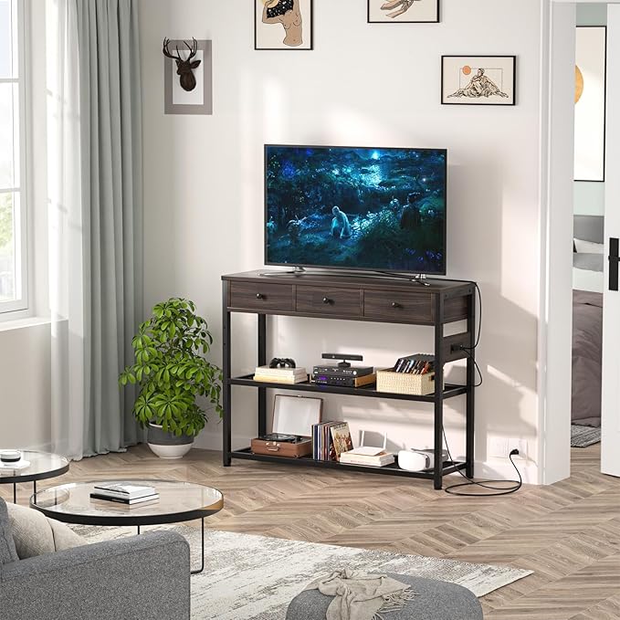 Ecoprsio 47'' Entryway Table with Outlets and USB Ports, Console Table with 3 Drawers, Sofa Table Narrow Long with Storage Shelves for Living Room, Couch, Hallway, Foyer, Black Walnut Finish