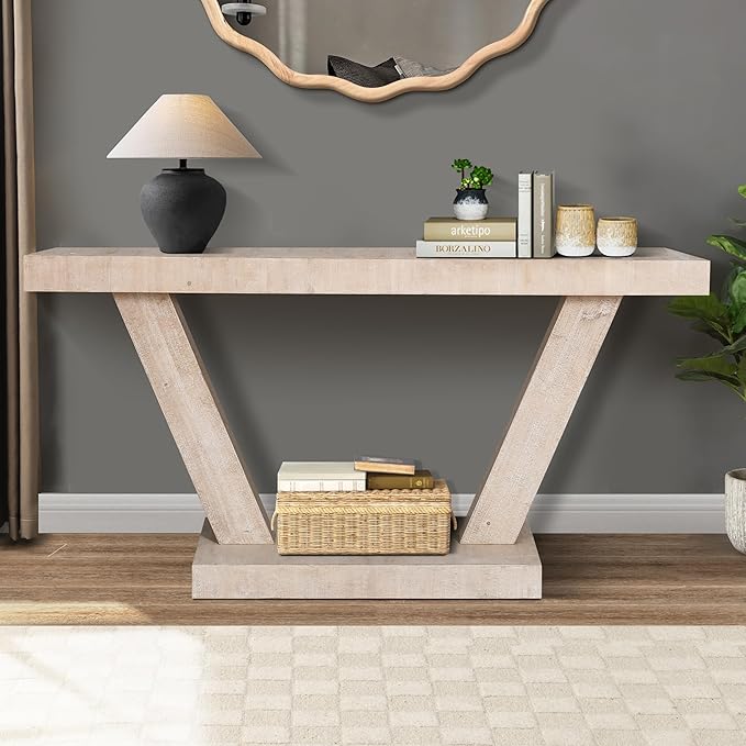 60" Wood Console Table for Entryway Bench with 2-Tier Veneer Storage Cabinet, Rustic Wide Design for Hallway, Living Room & Behind Sofa,Oak