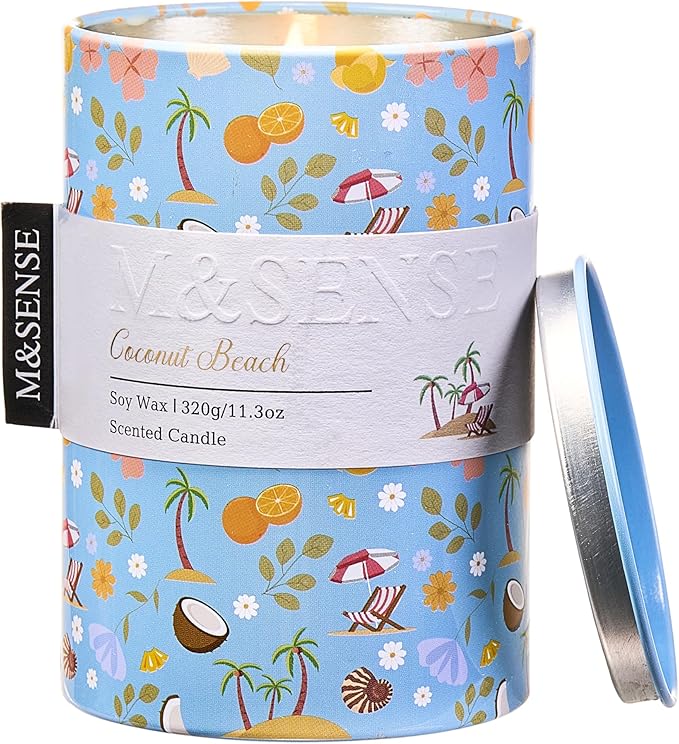 M&SENSE Coconut Beach Scented Candle, Medium Jar Candle 11.3oz Natural Soy Wax for Home Scented, Floral Candles Gift for Spring Holiday, Up to 70 Hours Burning Long-Lasting Fragrance