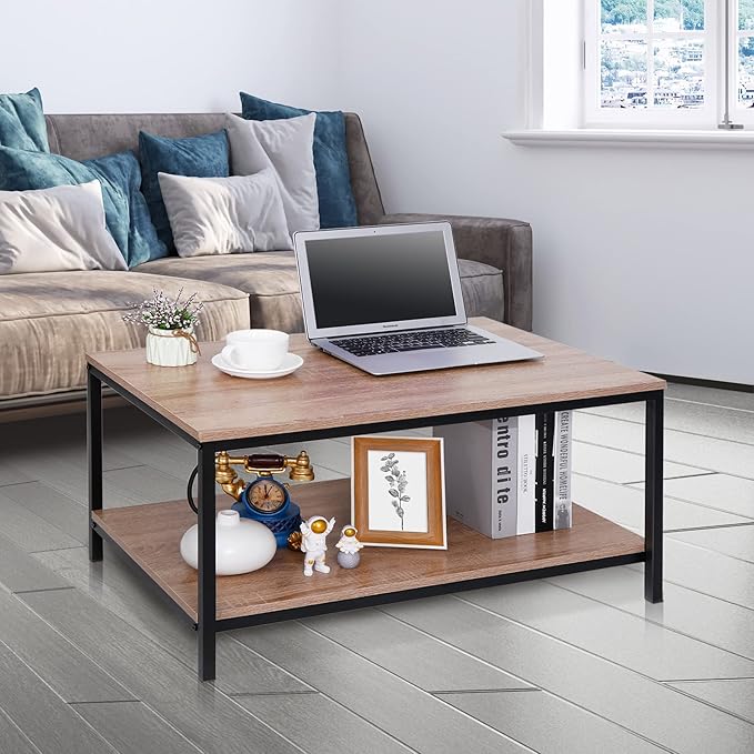 ZenStyle Industrial Coffee Table with Storage Shelf for Living Room, Wood Look Accent Furniture with Vintage Wooden Board Stable Metal Frame Cocktail Desk 2-Tier Tea Table