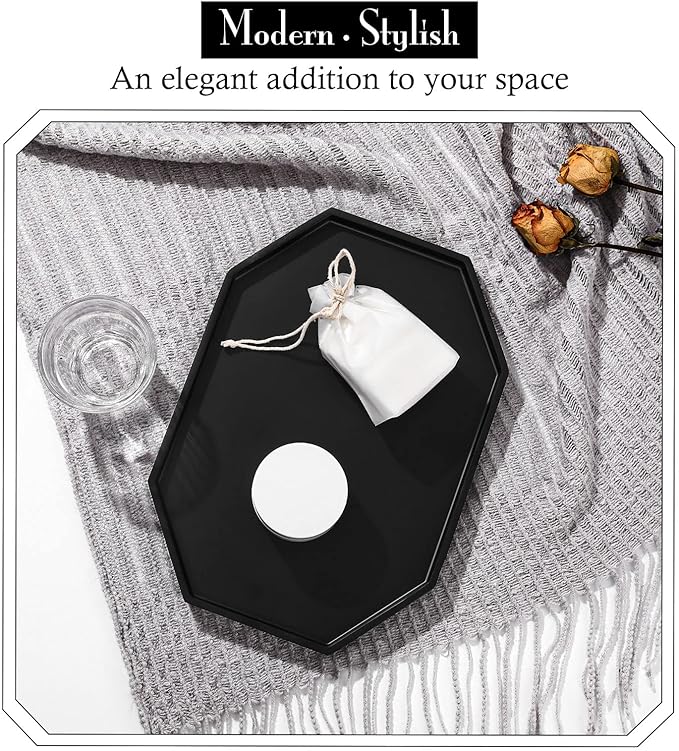 Shinowa Decorative Tray - Resin Bathroom Vanity Tray, Octagon Perfume & Jewelry Ring Dish for Countertop, Bedroom Dresser, Living Room Table, Kitchen Sink - Large, Matte Black