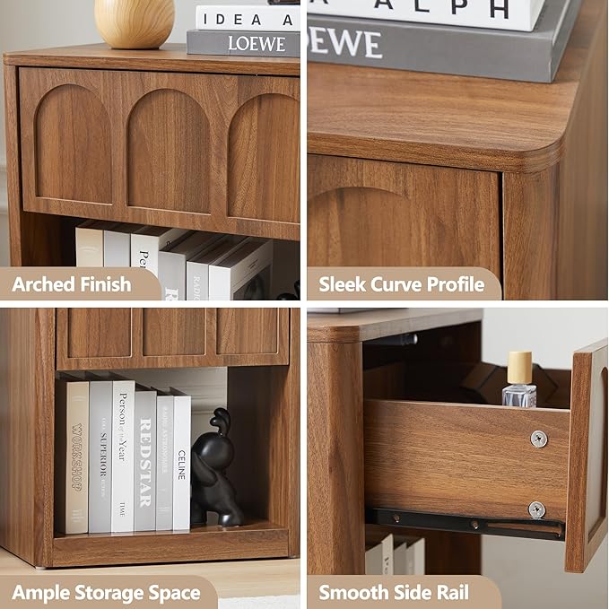 Nightstand Set of 2, 19.69" Wide Bedside Table with Arched Finish, Modern Night Stands with Curved Profile, Mid Century End Table for Bedroom Living Room (Walnut-2 Packs)