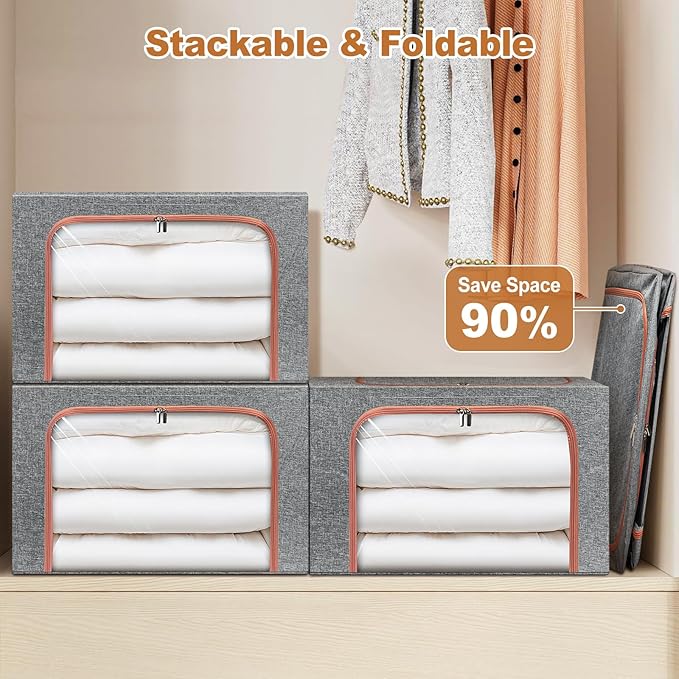 3 Pack Foldable Storage Bins with Metal Frame, Large Capacity Stackable Clothes Organizer with Clear Window & Carry Handles, Linen Fabric Storage Boxes for Closet (Gray, 3PCS-Large-66L)