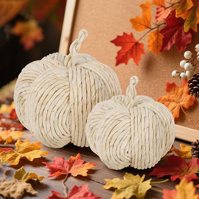 winemana 2 Pack Woven Pumpkin Decor - Fall & Thanksgiving Home Decorations, White Pumpkins Farmhouse Autumn Centerpieces for Table, Mantel, Porch Decor (Cattail Material, Assorted Size)