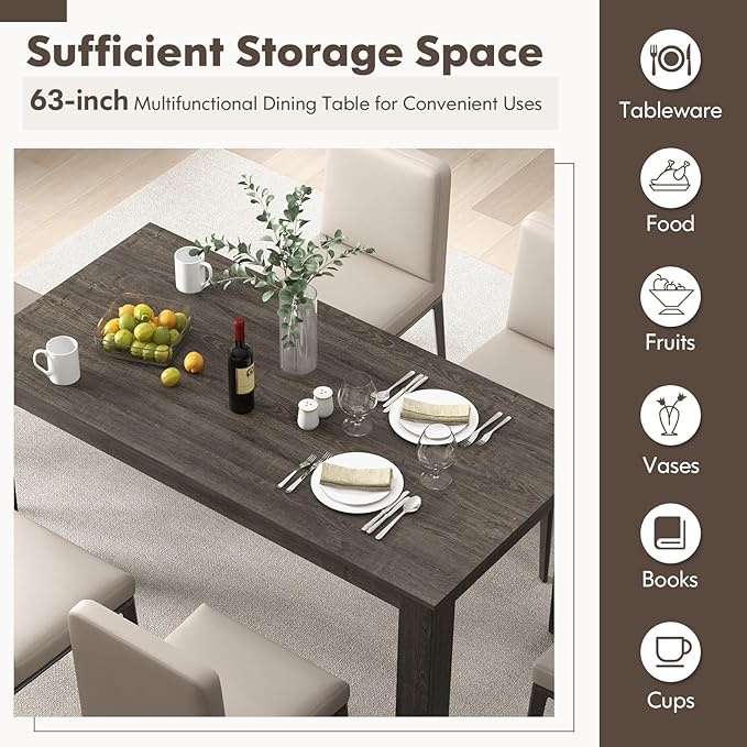 GOFLAME Dining Table for 4-6 People, 63” Modern Kitchen Table with L-Shaped Legs, 330 lbs Weight Capacity, Large Wooden Rectangular Dinner Table for Dining Room, Living Room, Dark Grey