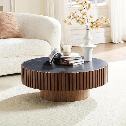 35" Round Coffee Table with Marble Tabletop, Modern Circle Coffee Table, Fluted Luxury Wooden Center Table, Drum Accent Tea Stone End Table for Living Room Apartment Bedroom, Walnut