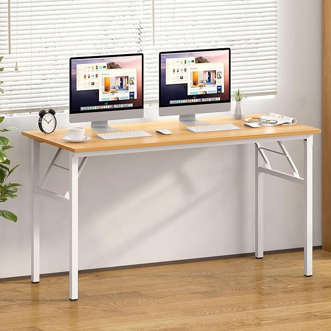 Need Home Office Desk Large Computer Desk 60 inch Sturdy Table Foldable Desk Gaming Computer Table No Assembly Required, Teak&White Frame AC5BW(152.4 * 60)