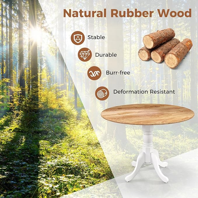 Giantex Round Dining Table, 39" D X 29" H, Rubber Wood Pedestal Table W/Round Tabletop & Curved Trestle Legs, 4-Person Dinner Table for Kitchen, Dining Room, Restaurant (Natural & White)