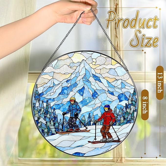 8'' Snowy Mountain Skiers Sun Catcher Ornament, Stained Glass Window Hanging, Sun Catchers for Windows Hanging Ornaments, Window Decor | Ideal Gift, Gift Exchange, Gifts for Skiers