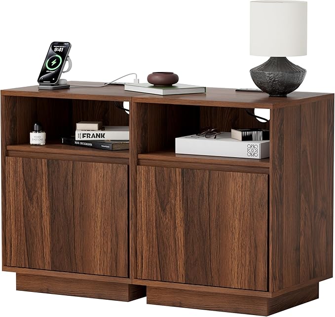 Farmhouse End Table Charging Station Set of 2, Wood Storage Nightstand with Door & Open Shelf, Bedside End Tables for Bedroom, Sofa, Brown