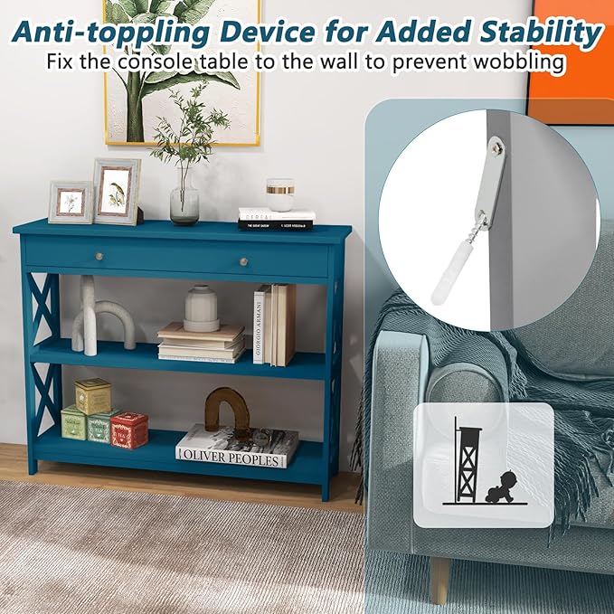 GOFLAME 39" Console Sofa Table with Drawers, 3-Tier Narrow Entry Table with Storage Shelves for Living Room Behind Couch, Entryway (Navy Blue)