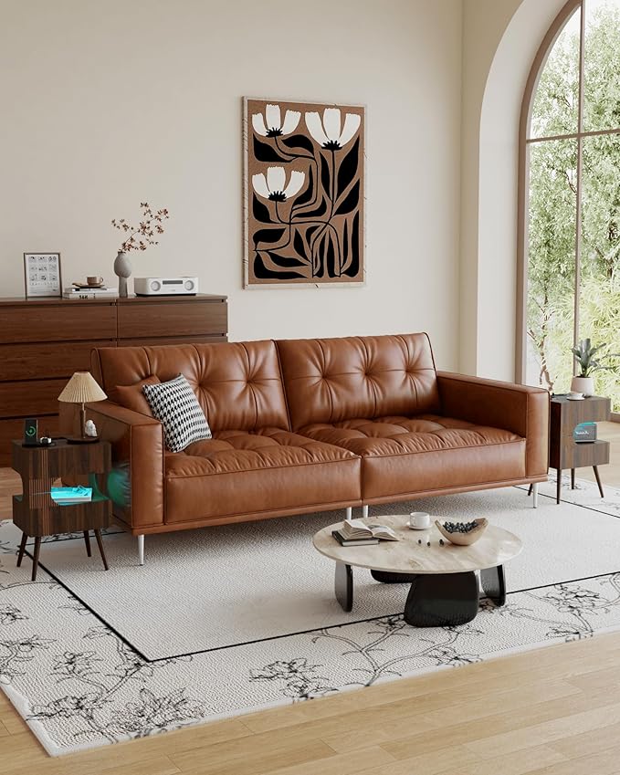 Nightstand with Charging Station and LED Lights,Modern Bedside Table with 2 Storage Drawer,Night Stand with Solid Wood Legs,White (Walnut Brown)