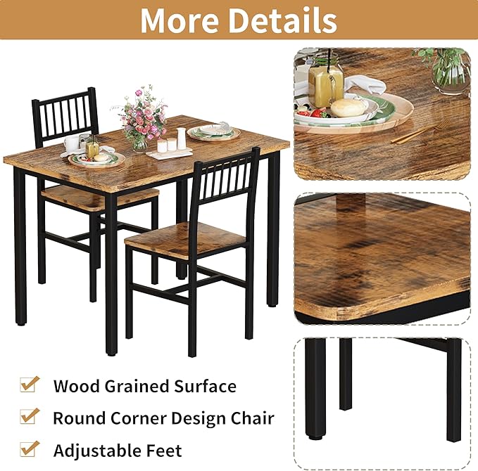AWQM 3 Piece Dining Table Set for 2, Small Kitchen Table Set for 2 with Chairs,Wood Breakfast Nook Table and Chairs Set of 2,Dinette Set for Small Space,Dining Room,Apartment, Brown
