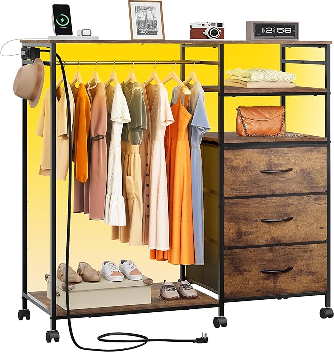 WLIVE Dresser with Hanging Rack for Bedroom, 3 Drawer Dresser with LED Lights & Charging Station, Fabric Dressers & Chest of Drawers, Storage Organizer with Open Shelves for Living Room, Brown