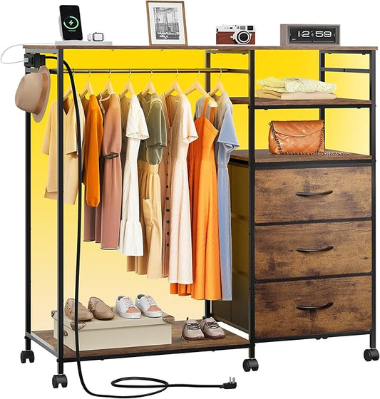 WLIVE Dresser with Hanging Rack for Bedroom, 3 Drawer Dresser with LED Lights & Charging Station, Fabric Dressers & Chest of Drawers, Storage Organizer with Open Shelves for Living Room, Brown