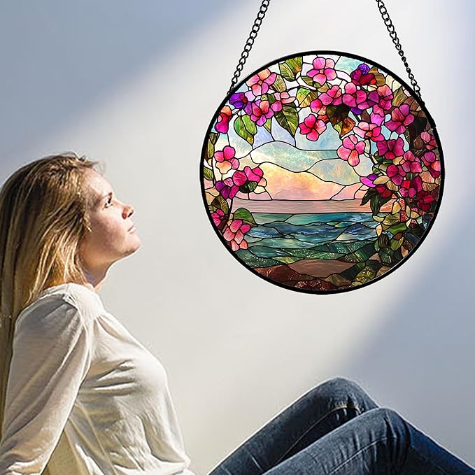 Stained Glass Window Hanging, Purple Flower Landscape Wreath Sun Catcher for Door Home Decor Plants Suncatcher Christmas Mother's Day Birthday Gifts for Women Men Mom Nana 11.8 in