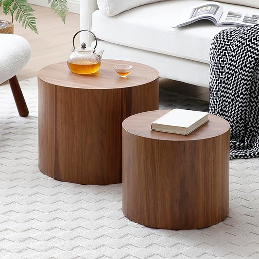 Nesting Coffee Table Set of 2, Modern Round Wooden Circle Accent Coffee Tables for Small Spaces Living Room Bedroom Balcony Office Drum Side Table
