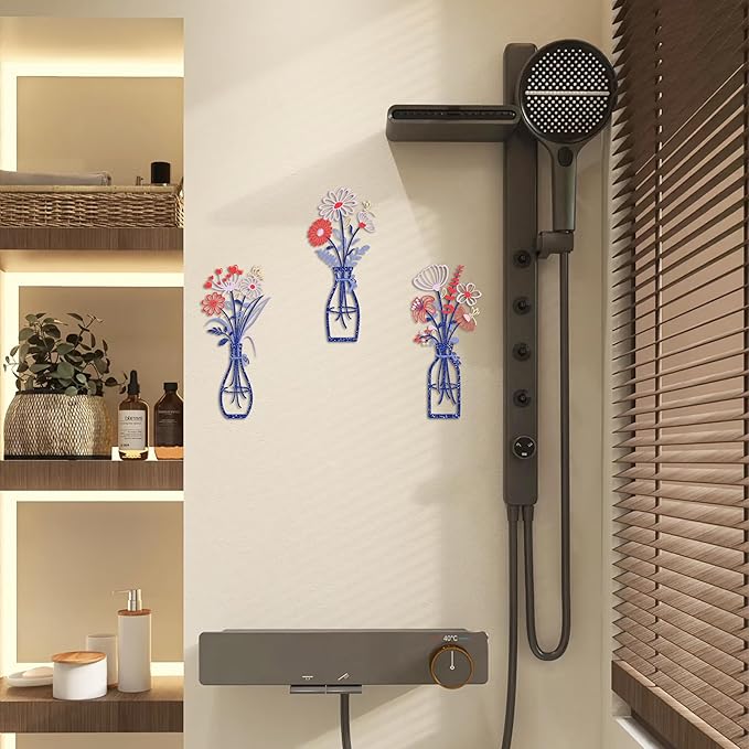 3 Pieces Metal Flowers Wall Art Decor, Farmhouse Minimalist Bathroom Wall Decors Sculptures for Living Room Dining Room Bedroom Housewarming Gifts