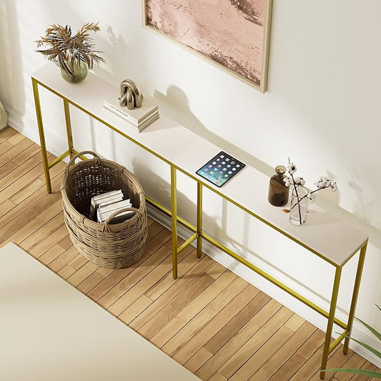 70.9" Console Table,Modern Extra Narrow Long Sofa Table Behind Couch,Skinny Entry Table with Gold Metal Frame for Living Room, Hallway,Classic White