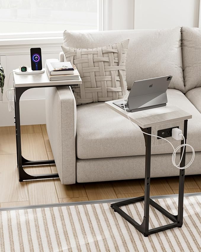 C-Shaped Side Table for Couch - Small Coffee Stand Sofa Tray Desk with Metal Frame Waterproof Scratch Resistant Wood Top and Built-in Charging Station, Greige