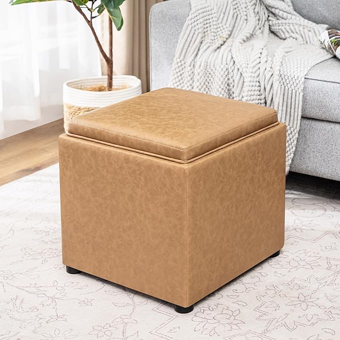Adeco 18" Light Yellow Square Storage Ottoman with Tray, Retro Cube Ottoman Coffee Table for Dorm, Bedroom